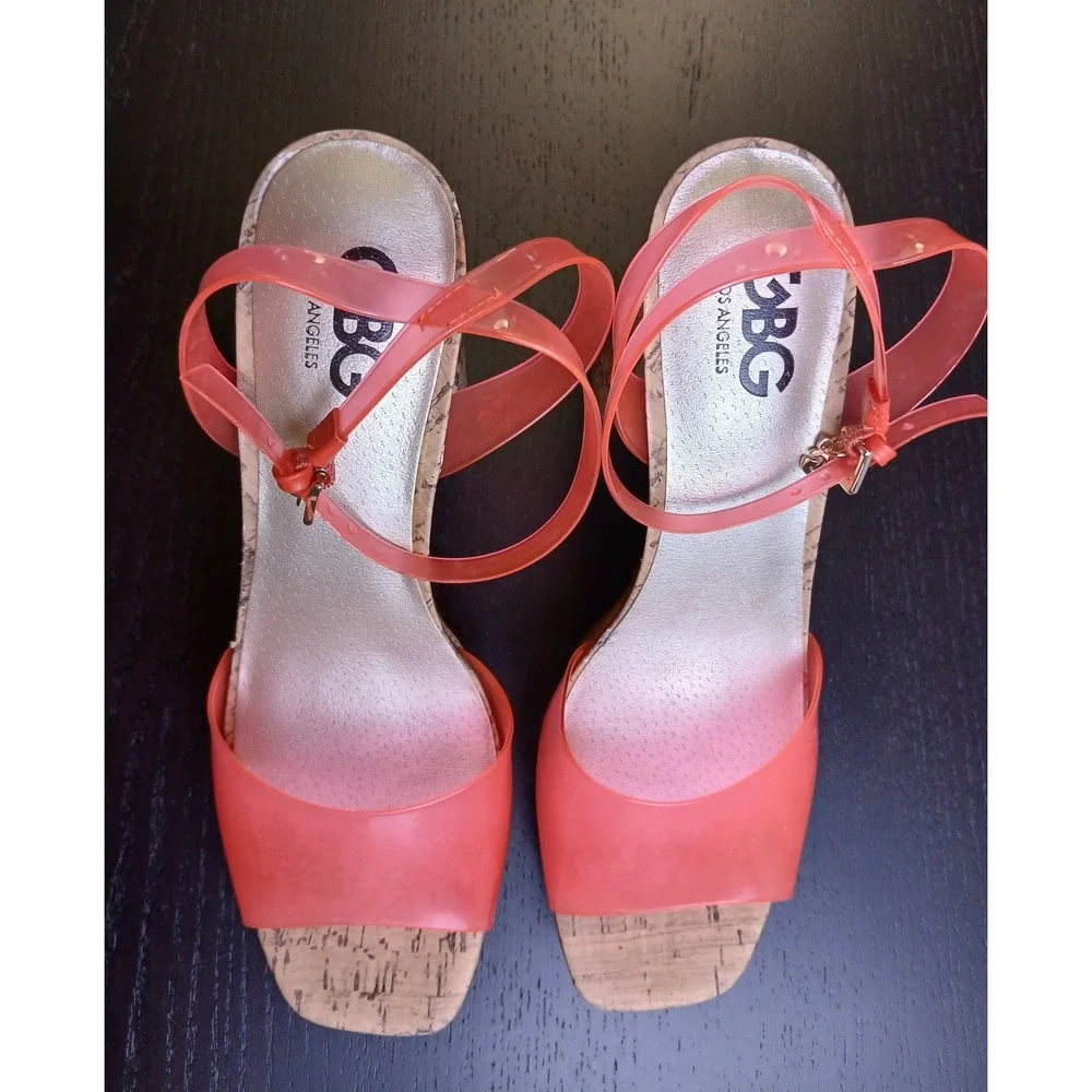 GBG Los Angeles GGQUEEN Pink Jelly Cork Platform Block Heel Sandals Womens 9.5 M